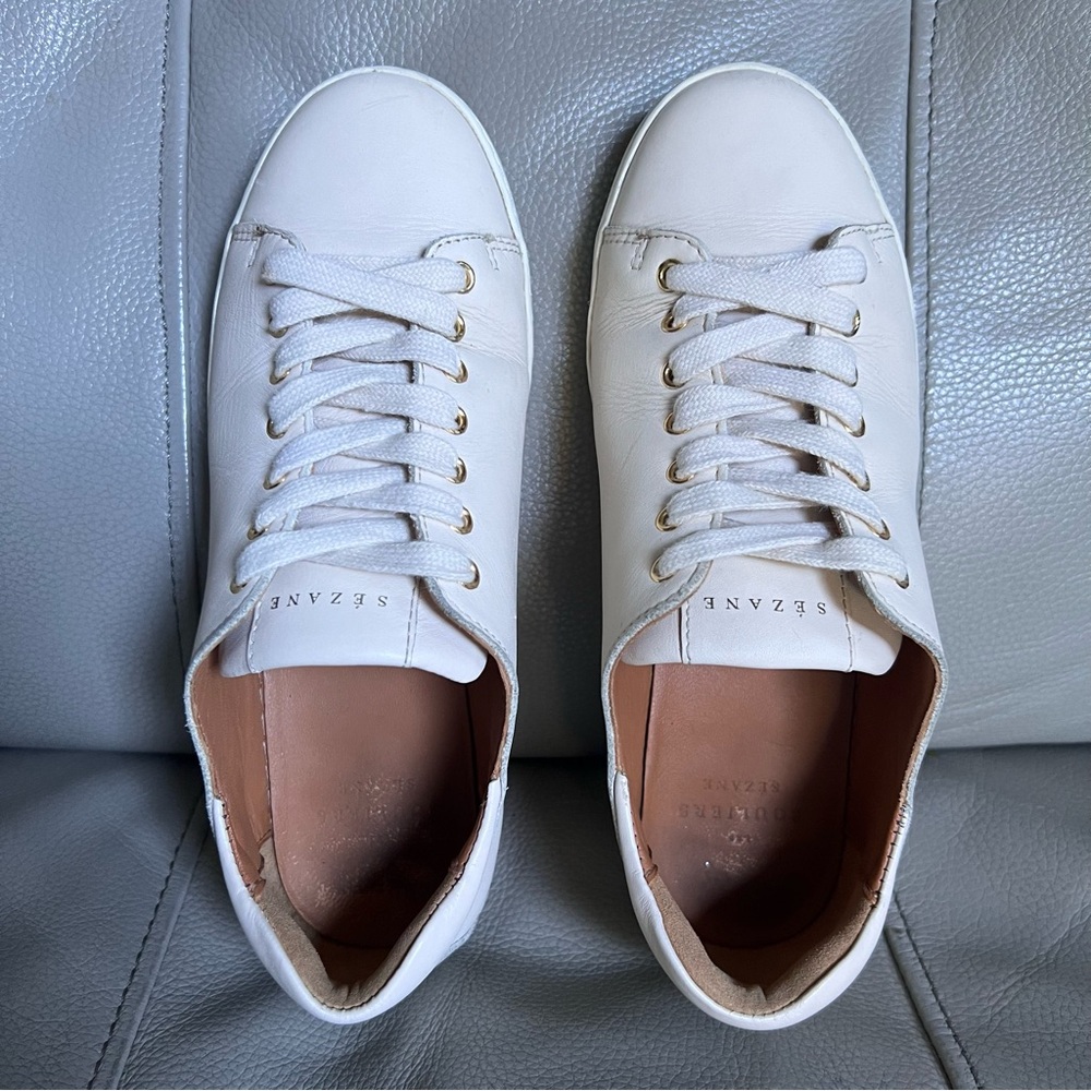 SEZANE Women’s Leather Sneakers EU 35 US Sz 5 Jack Trainers Beige Lace Up Chic - Picture 4 of 17